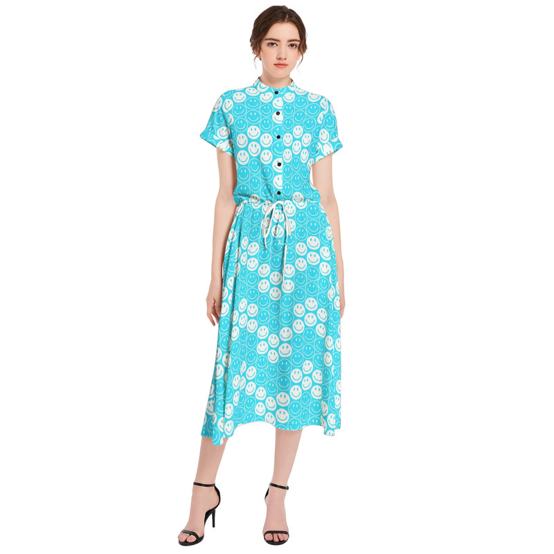 Drawstring Waist A-line Flared Midi Dress