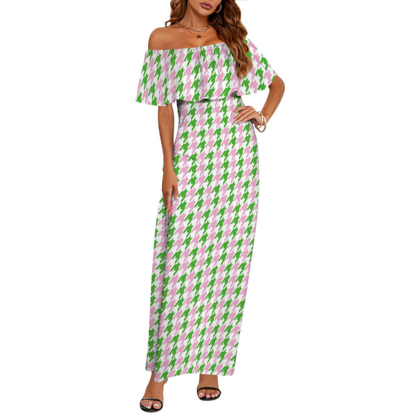 pk grn print 4A Women's Off Shoulder Ruffle Boat Neck Dress (Model D71)