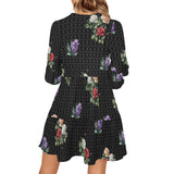 hex floral bw color print V-Neck Loose Fit Dress (Model D62)