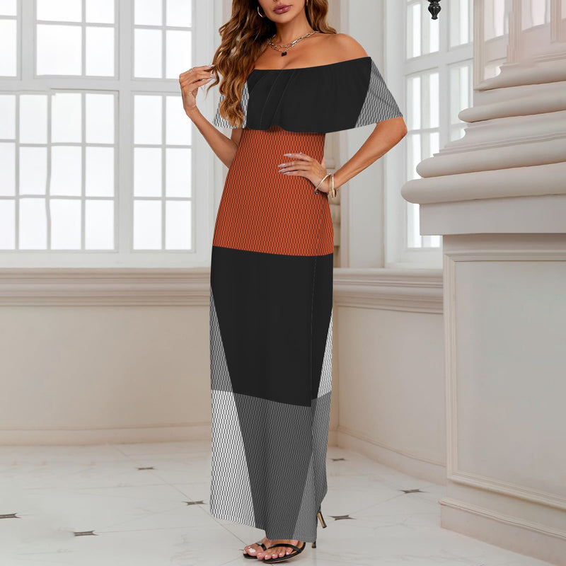 Color Block Women's Off Shoulder Ruffle Boat Neck Dress