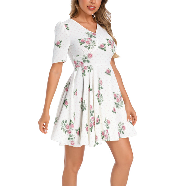 Short Sleeve Ruched Bust Flared Hem Dress