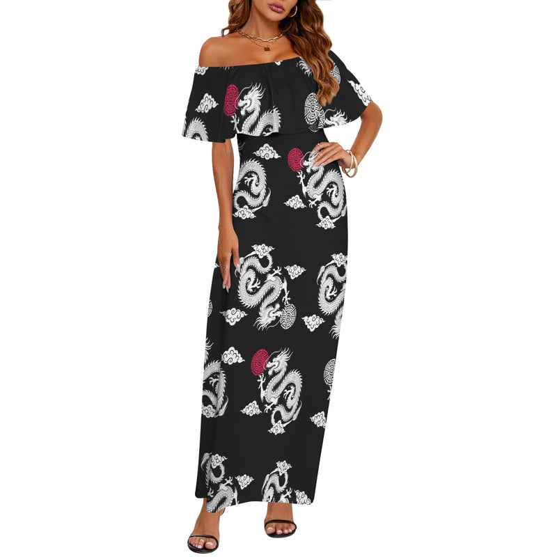 red accented white dragon on white print Women's Off Shoulder Ruffle Boat Neck Dress (Model D71)