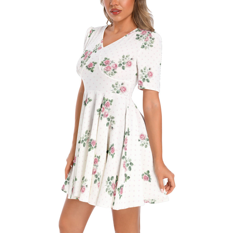 Short Sleeve Ruched Bust Flared Hem Dress