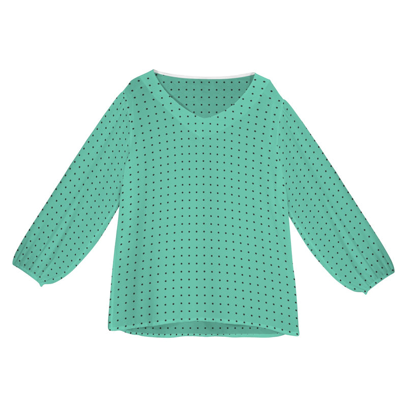 biscay polka dot Loose V-Neck Long Puff Sleeve Top