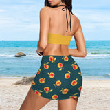 apple gold green print 4C Drawstring Halterneck Three-Piece Swimsuit Skirt