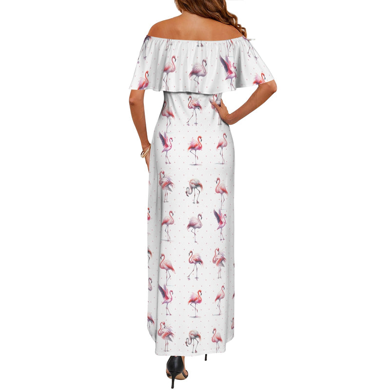 flamingo pink print 3A Women's Off Shoulder Ruffle Boat Neck Dress (Model D71)