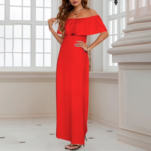 bright red Women's Off Shoulder Ruffle Boat Neck Dress (Model D71)