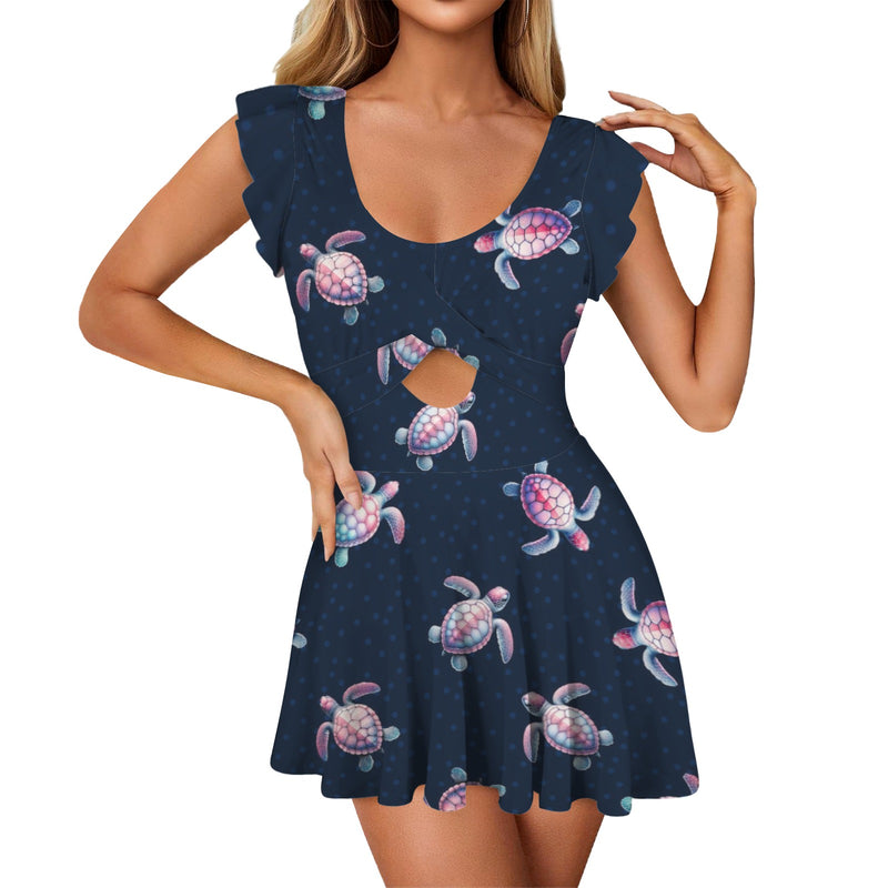 seaturtleprint Women's Ruffle Sleeve Skirted Swimsuit (Model S59)