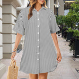 striped bw print 2 Short Sleeve Button Front Shirt Dress