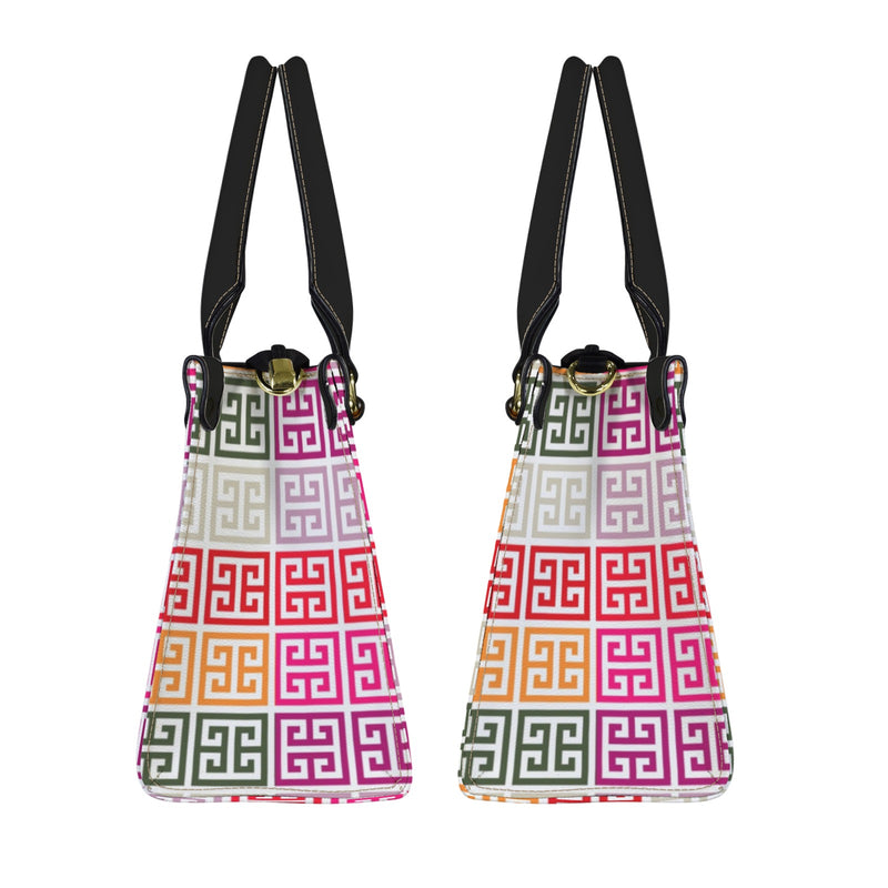bi colored scheme greek key print PU Leather Handbag-Small (Model 1747)
