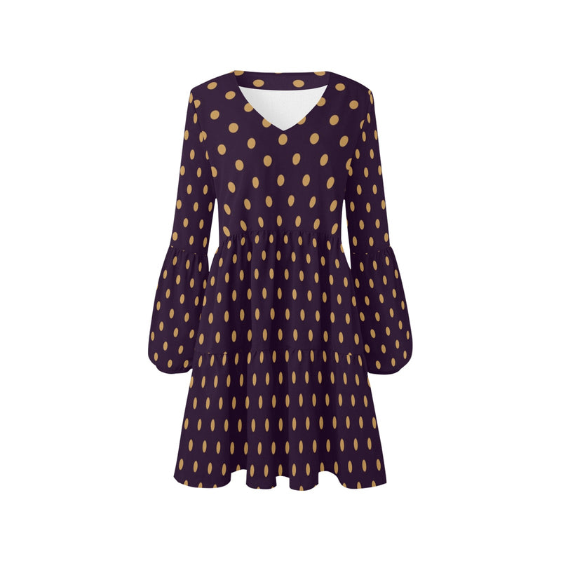 bronze polka dot on purple print V-Neck Loose Fit Dress (Model D62)