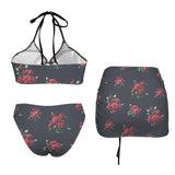 rose on grid print Drawstring Halterneck Three-Piece Swimsuit Skirt
