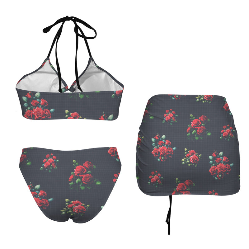 rose on grid print Drawstring Halterneck Three-Piece Swimsuit Skirt