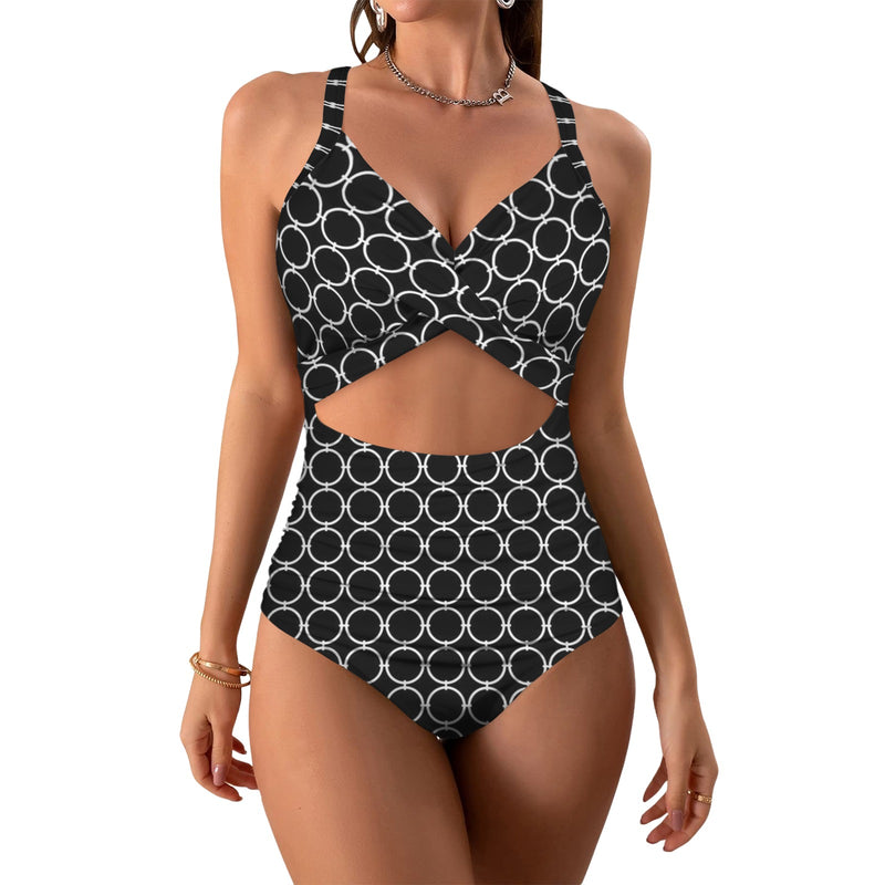 rings white print Women's Twist Front Tie Back Swimsuit (Model S57)