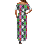 argyle print 3 Women's Off Shoulder Ruffle Boat Neck Dress (Model D71)