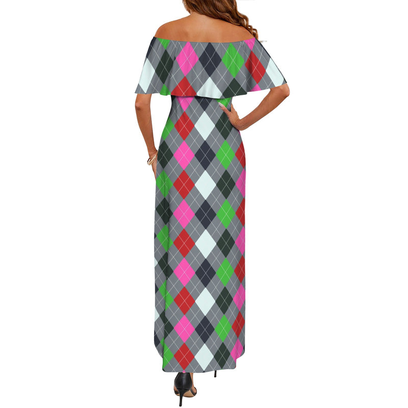 argyle print 3 Women's Off Shoulder Ruffle Boat Neck Dress (Model D71)