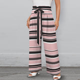 Pressed Rose & Black and White Stripes Strappy Elastic Waist Wide Leg Pants with Pockets