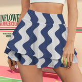 wavy delft print High Waist Layered Ruffle Pockets Sports Skirt