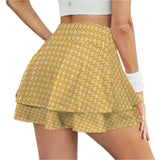 caramel print matrix High Waist Layered Ruffle Pockets Sports Skirt