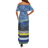 striped 3 starry night van gogh scarf Women's Off Shoulder Ruffle Boat Neck Dress (Model D71)