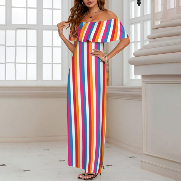 barcode color block striped print 3 Women's Off Shoulder Ruffle Boat Neck Dress (Model D71)