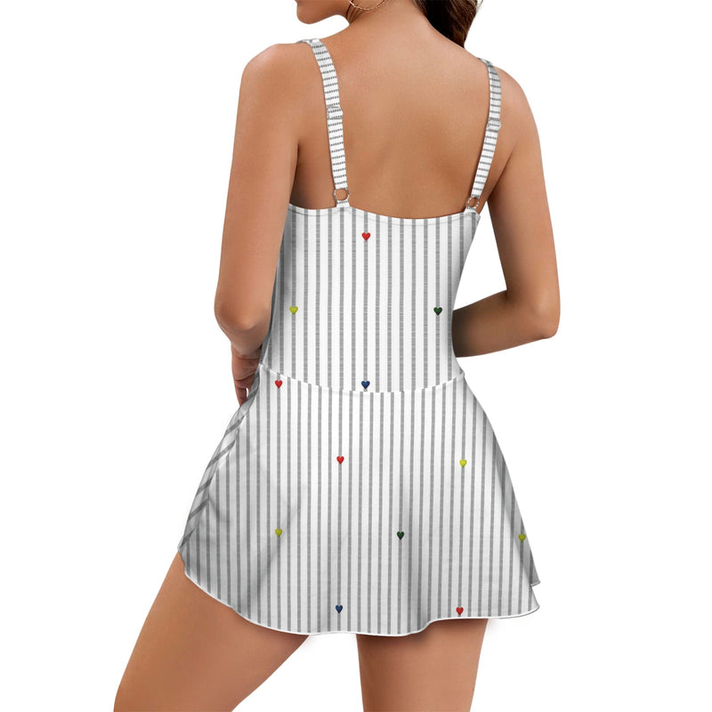 heart accent stripe accent print Women's One Piece Skirted Swimsuit (Model S54)