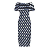 molecular print striped Women's Off Shoulder Ruffle Boat Neck Dress (Model D71)