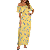 light gold iris print Women's Off Shoulder Ruffle Boat Neck Dress (Model D71)