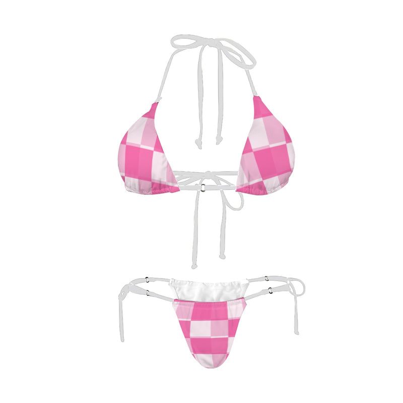 pink checkered medium print Women's Halter String Bikini Set