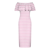 pink gingham print Women's Off Shoulder Ruffle Boat Neck Dress (Model D71)