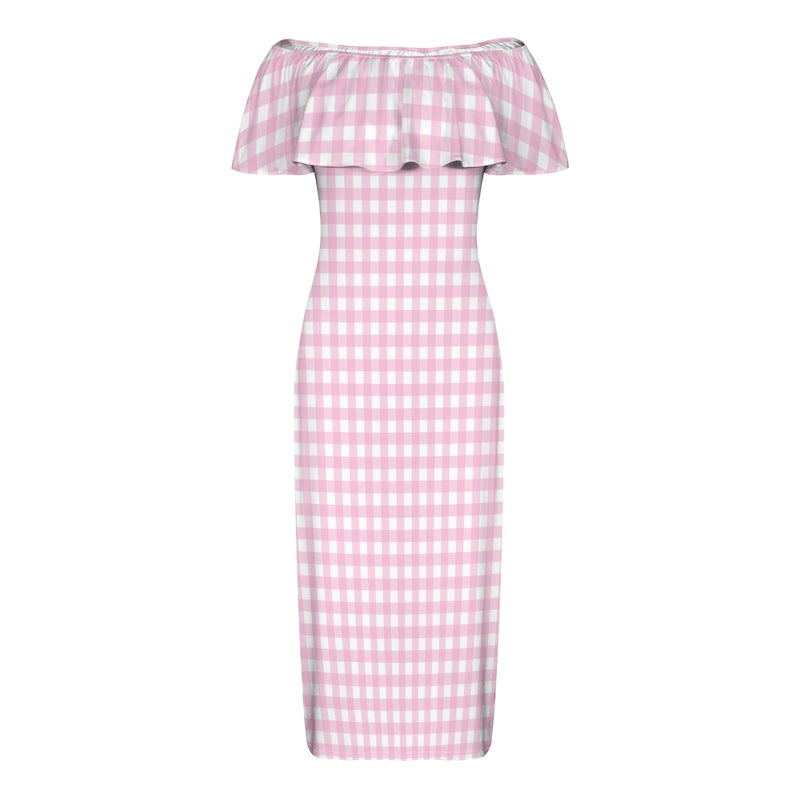 pink gingham print Women's Off Shoulder Ruffle Boat Neck Dress (Model D71)