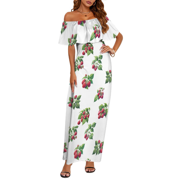 raspberry print sneakers Women's Off Shoulder Ruffle Boat Neck Dress (Model D71)