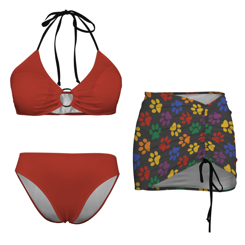multi colored paw print skirt Drawstring Halterneck Three-Piece Swimsuit Skirt