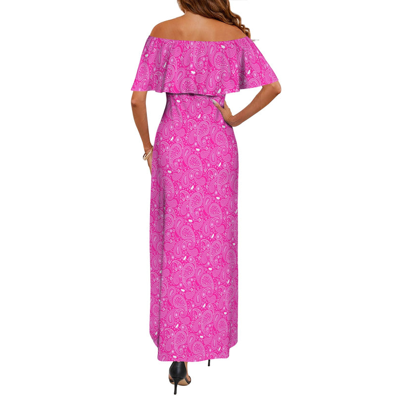 Paisley Off Shoulder Ruffle Boat Neck Dress