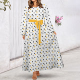 Polka Dot Round Neck Long Sleeve Belted Maxi Dress