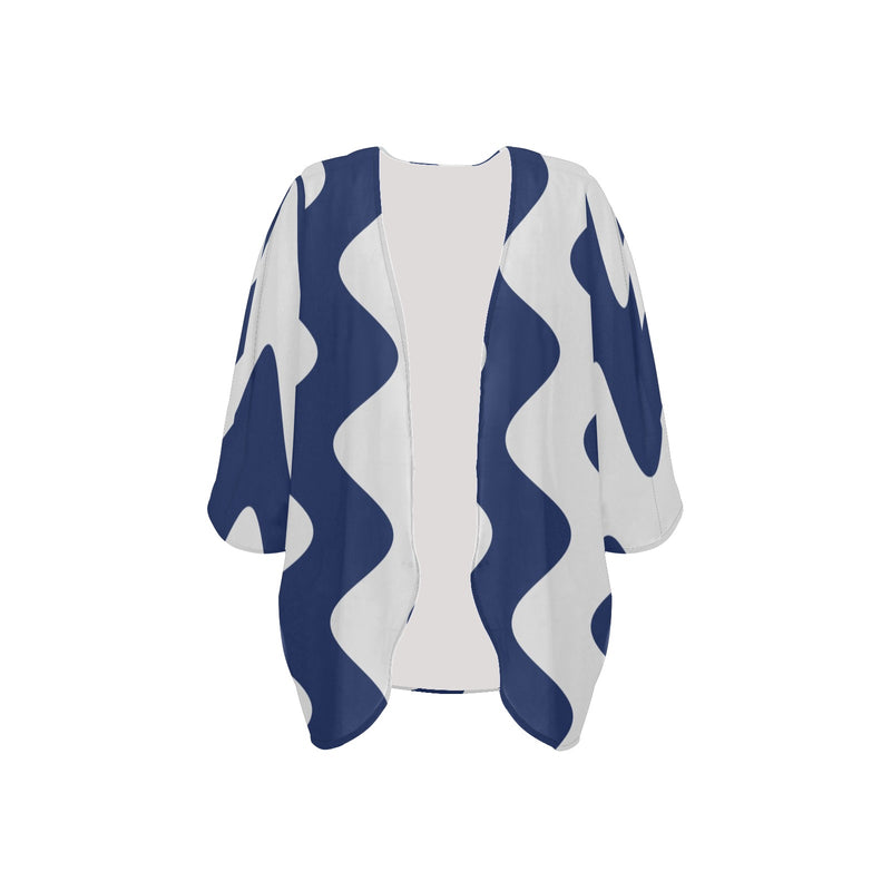 waves blue white print 2A Women's Kimono Chiffon Cover Ups (Model H51)