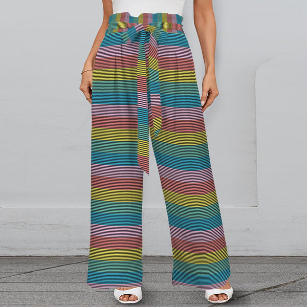 striped print 2B Strappy Elastic Waist Wide Leg Pants with Pockets