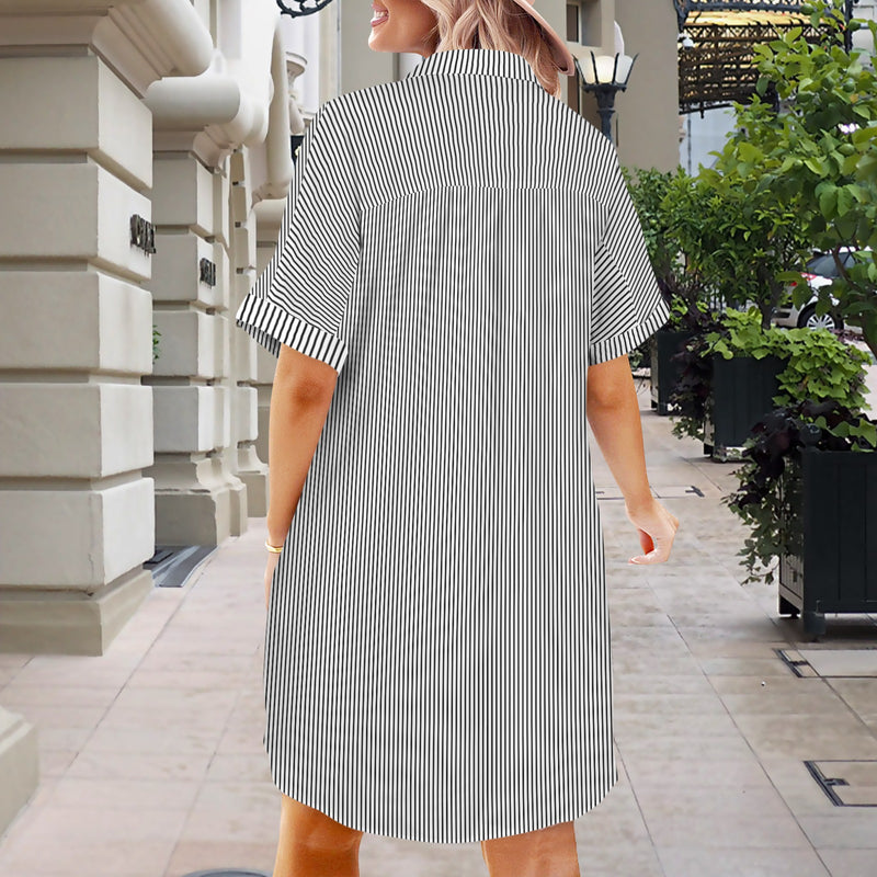 striped bw print 2 Short Sleeve Button Front Shirt Dress