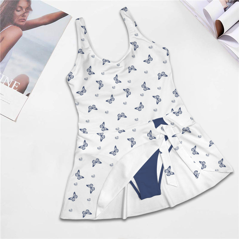 delft blue print 4A Women's One Piece Skirted Swimsuit (Model S54)