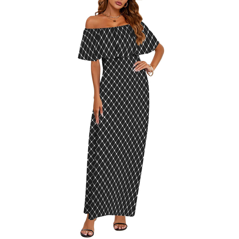 tight net Women's Off Shoulder Ruffle Boat Neck Dress (Model D71)
