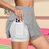 striped bw print 2 High Waist Layered Ruffle Pockets Sports Skirt