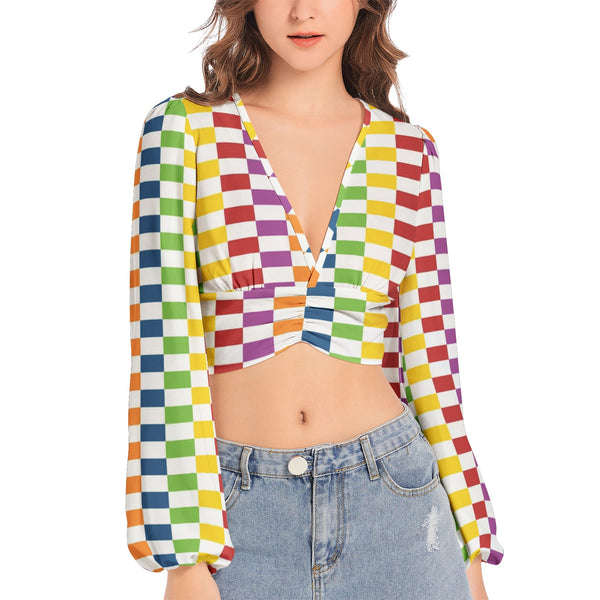 Women's Deep V-Neck Lantern Sleeve Crop Top