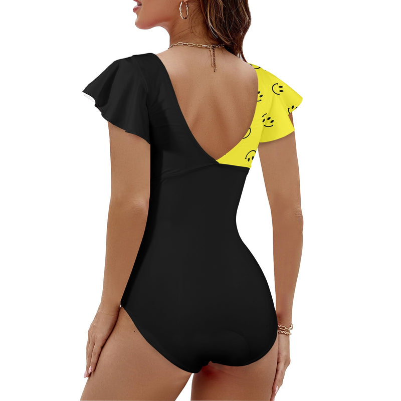 black solid print skirt Women's Twist Front Ruffle Sleeve Swimsuit (Model S55)