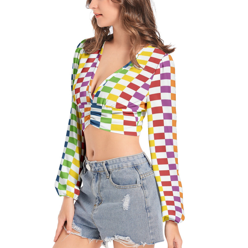 Women's Deep V-Neck Lantern Sleeve Crop Top