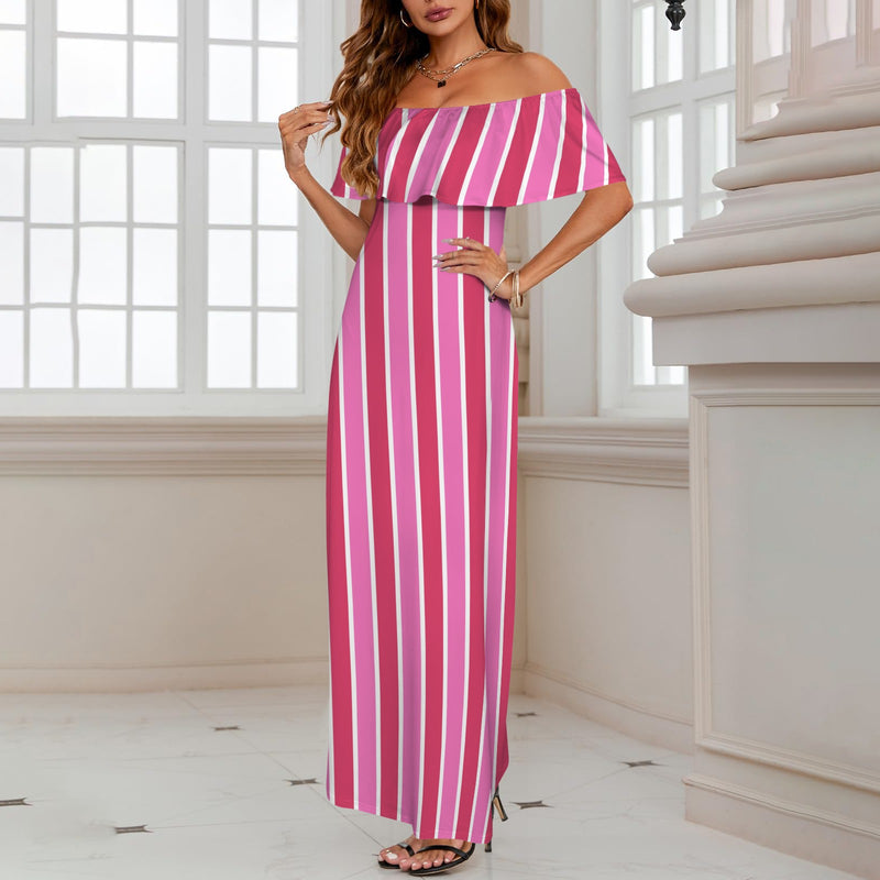 candy cane striped print Women's Off Shoulder Ruffle Boat Neck Dress (Model D71)