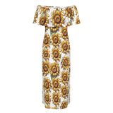sunflower on white print 2A Women's Off Shoulder Ruffle Boat Neck Dress (Model D71)