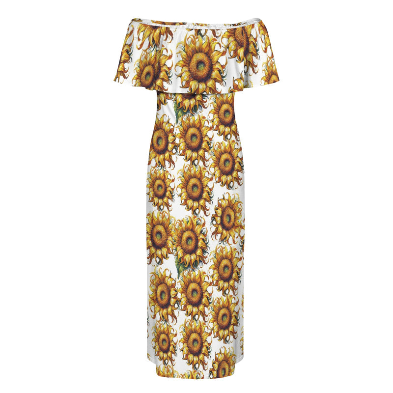 sunflower on white print 2A Women's Off Shoulder Ruffle Boat Neck Dress (Model D71)