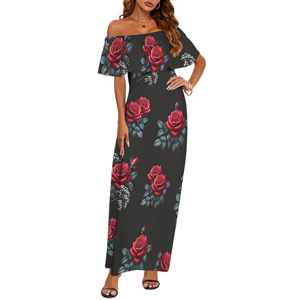 rose baby breath 4K print 2 Women's Off Shoulder Ruffle Boat Neck Dress (Model D71)