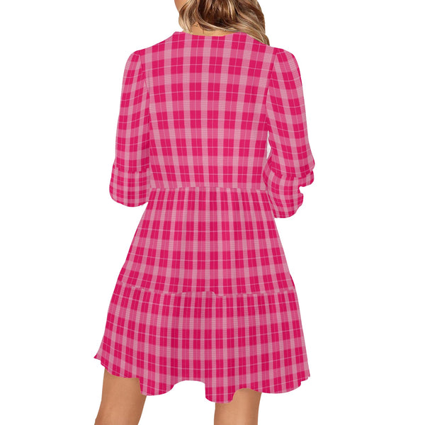 pink plaid print 2B V-Neck Loose Fit Dress (Model D62)
