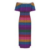 multicolored snakeskin Women's Off Shoulder Ruffle Boat Neck Dress (Model D71)